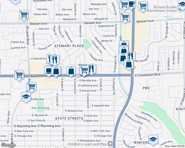 map of restaurants, bars, coffee shops, grocery stores, and more near in Sunrise Manor