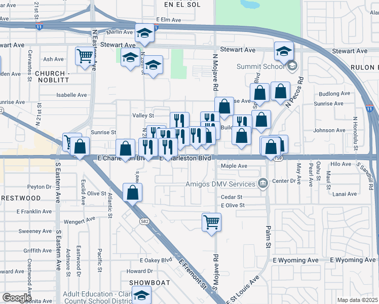 map of restaurants, bars, coffee shops, grocery stores, and more near 3021 East Charleston Boulevard in Las Vegas