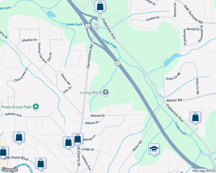 map of restaurants, bars, coffee shops, grocery stores, and more near Burnett Drive in Winston-Salem