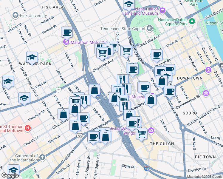 map of restaurants, bars, coffee shops, grocery stores, and more near 1214 Church Street in Nashville