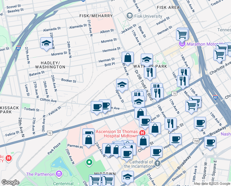 map of restaurants, bars, coffee shops, grocery stores, and more near 6A 20th Avenue North in Nashville