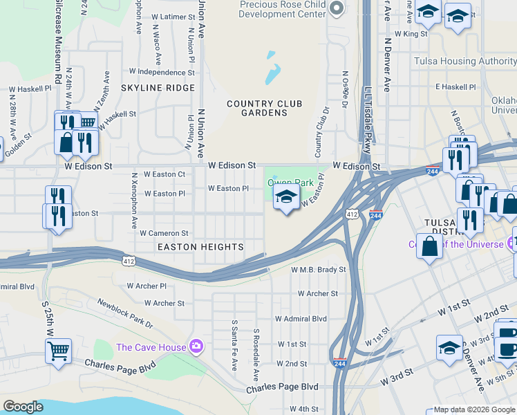 map of restaurants, bars, coffee shops, grocery stores, and more near 504 North Quanah Avenue in Tulsa