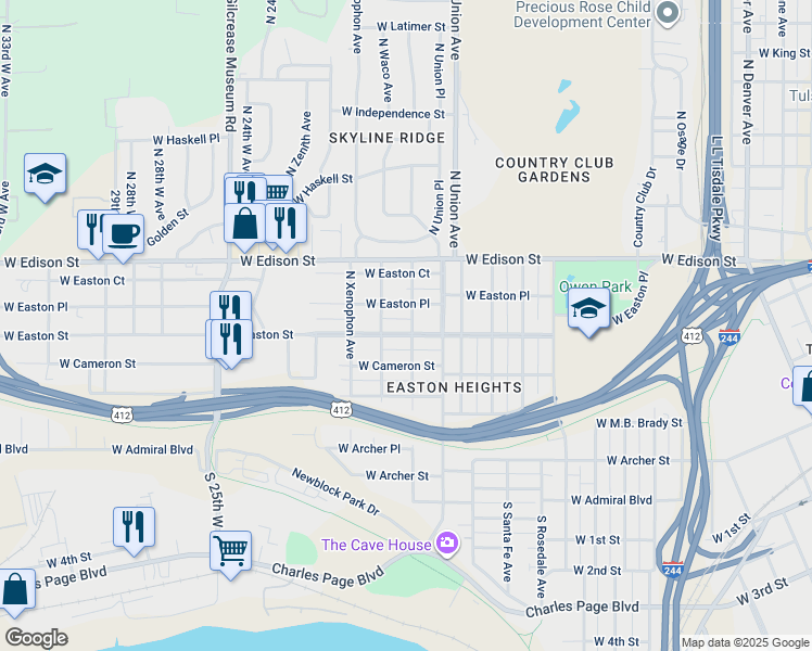 map of restaurants, bars, coffee shops, grocery stores, and more near 1819 West Easton Street in Tulsa