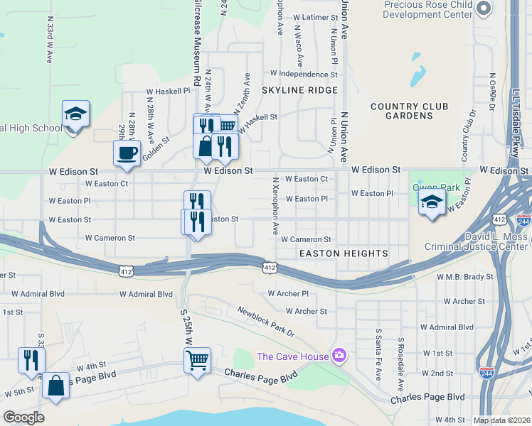 map of restaurants, bars, coffee shops, grocery stores, and more near 1918 West Easton Street in Tulsa