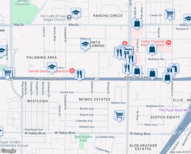 map of restaurants, bars, coffee shops, grocery stores, and more near 2710 West Charleston Boulevard in Las Vegas