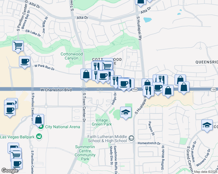 map of restaurants, bars, coffee shops, grocery stores, and more near 10290 West Charleston Boulevard in Las Vegas