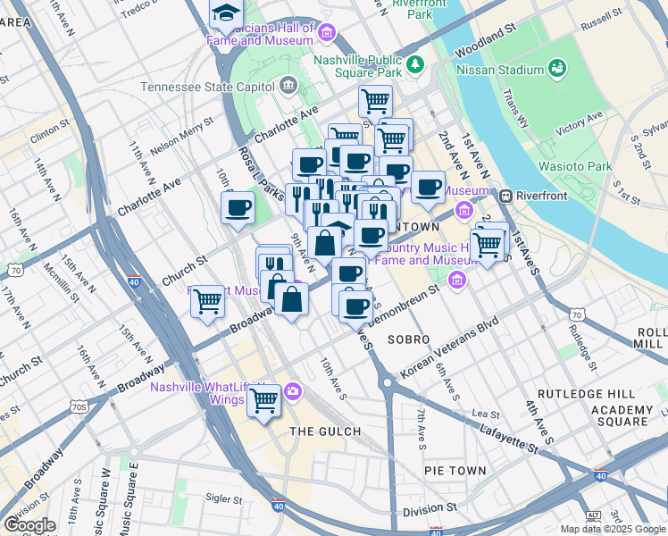 map of restaurants, bars, coffee shops, grocery stores, and more near 700 Broadway in Nashville