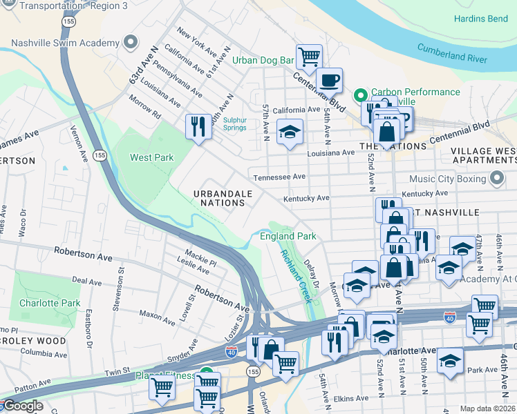map of restaurants, bars, coffee shops, grocery stores, and more near 1103 57th Avenue North in Nashville
