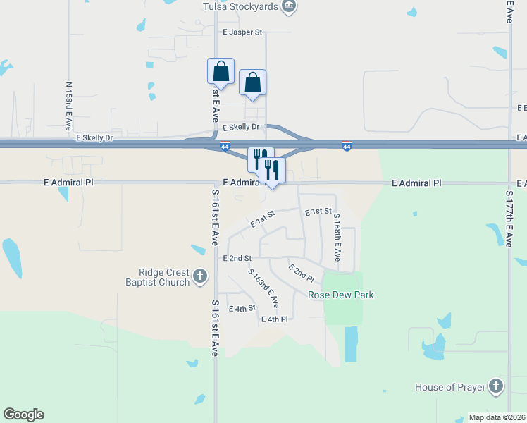 map of restaurants, bars, coffee shops, grocery stores, and more near 16425 East 1st Street in Tulsa