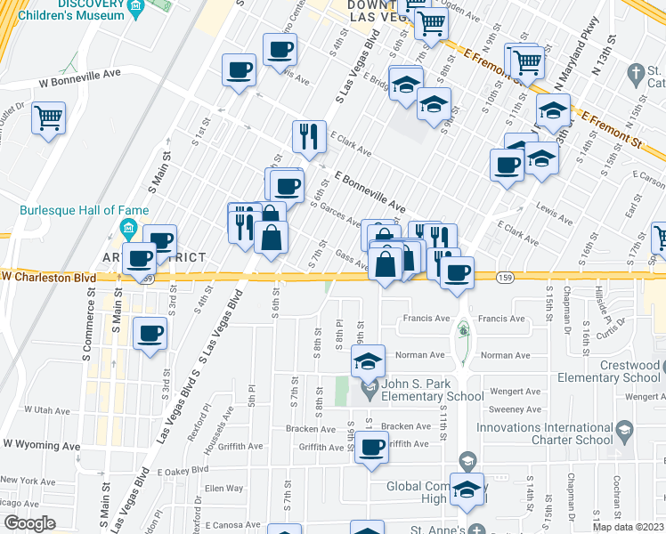 map of restaurants, bars, coffee shops, grocery stores, and more near 725 East Charleston Boulevard in Las Vegas