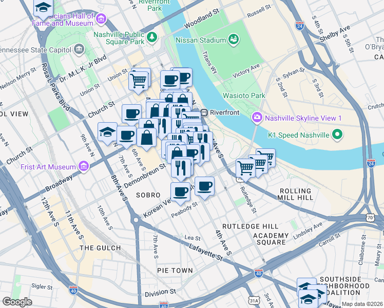 map of restaurants, bars, coffee shops, grocery stores, and more near 210 Almond Street in Nashville