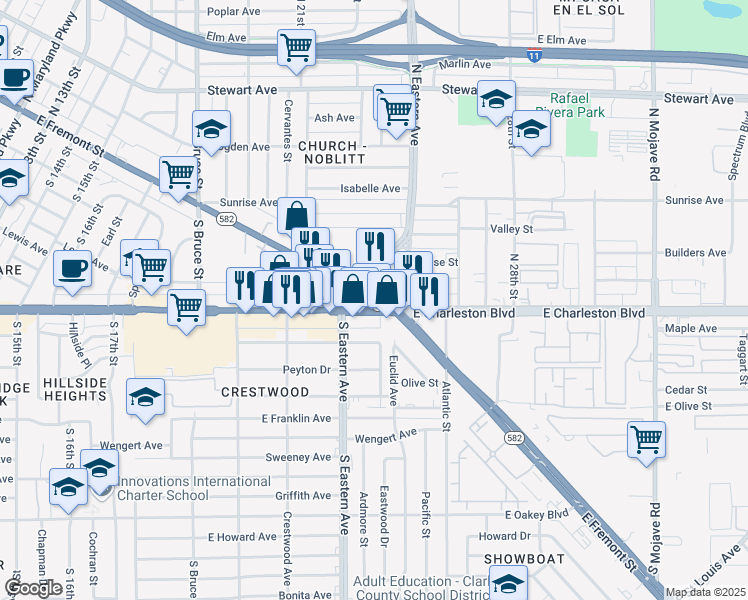 map of restaurants, bars, coffee shops, grocery stores, and more near East Fremont Street in Las Vegas
