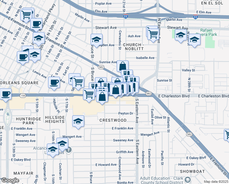 map of restaurants, bars, coffee shops, grocery stores, and more near 1961 East Charleston Boulevard in Las Vegas
