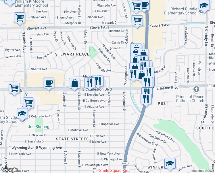 map of restaurants, bars, coffee shops, grocery stores, and more near 10 Yew Avenue in Las Vegas