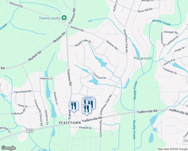 map of restaurants, bars, coffee shops, grocery stores, and more near 4440 Lochurst Drive in Pfafftown
