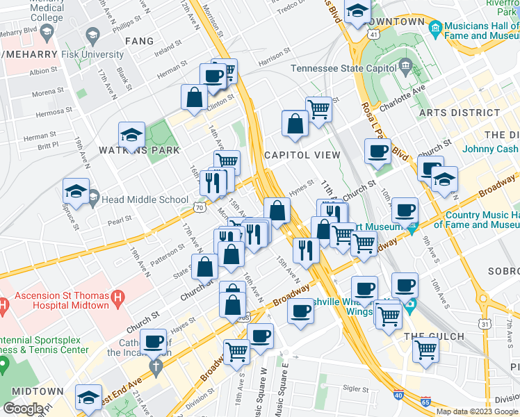 map of restaurants, bars, coffee shops, grocery stores, and more near 301 14th Avenue in Nashville