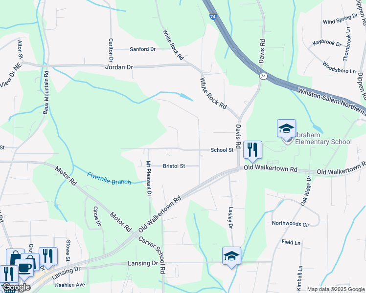 map of restaurants, bars, coffee shops, grocery stores, and more near 2170 School Street in Winston-Salem