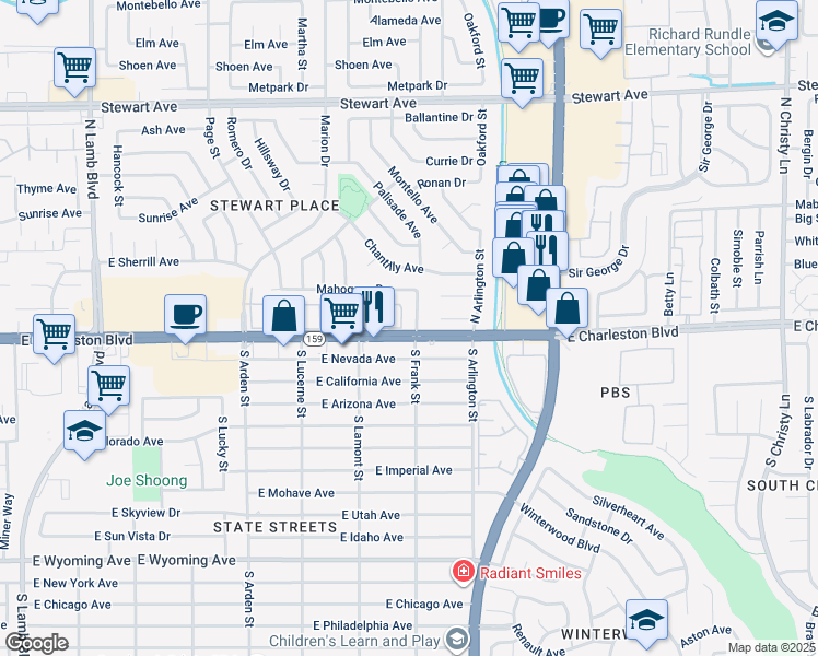 map of restaurants, bars, coffee shops, grocery stores, and more near 10 Yew Avenue in Las Vegas