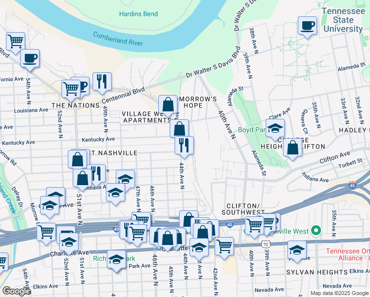map of restaurants, bars, coffee shops, grocery stores, and more near 920 44th Avenue North in Nashville
