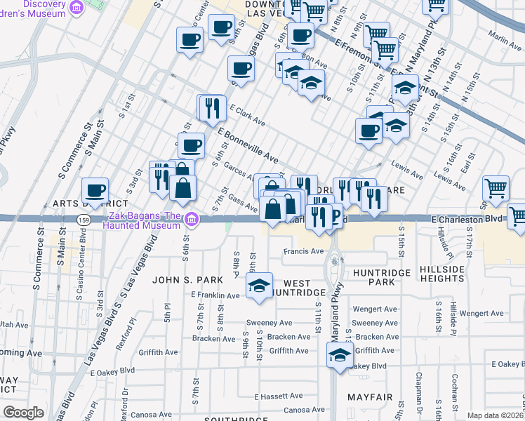 map of restaurants, bars, coffee shops, grocery stores, and more near South 9th Street in Las Vegas