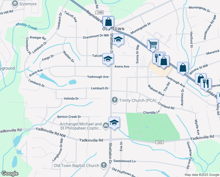 map of restaurants, bars, coffee shops, grocery stores, and more near 4594 Shattalon Drive in Winston-Salem