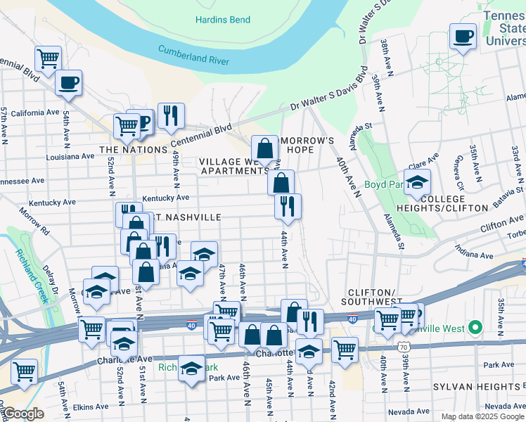 map of restaurants, bars, coffee shops, grocery stores, and more near 4412 Michigan Avenue in Nashville