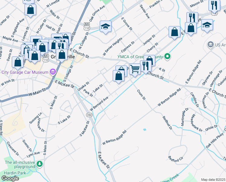 map of restaurants, bars, coffee shops, grocery stores, and more near 146 West Bernard Avenue in Greeneville