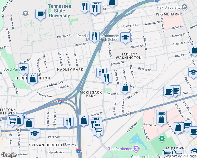 map of restaurants, bars, coffee shops, grocery stores, and more near 701 29th Avenue North in Nashville
