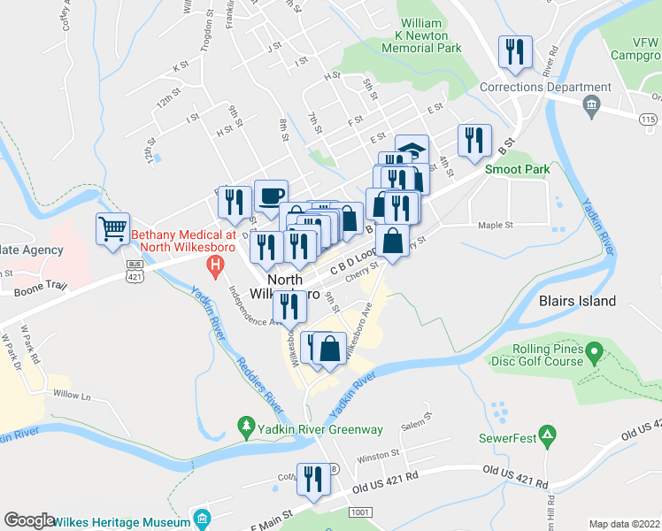map of restaurants, bars, coffee shops, grocery stores, and more near 445 C B D Loop in North Wilkesboro
