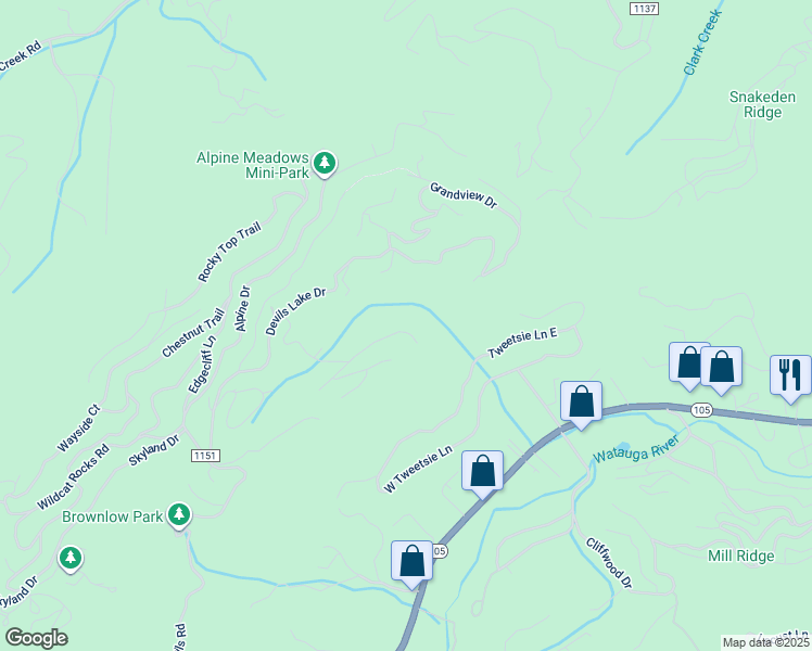 map of restaurants, bars, coffee shops, grocery stores, and more near 247 Streamside Lane in Seven Devils