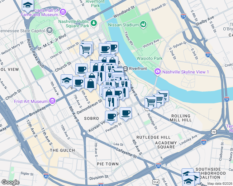 map of restaurants, bars, coffee shops, grocery stores, and more near 210 Almond Street in Nashville