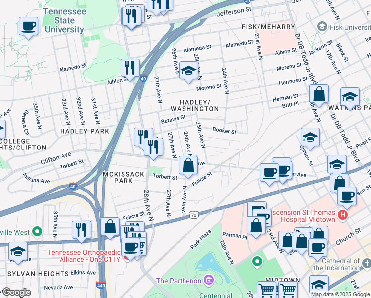 map of restaurants, bars, coffee shops, grocery stores, and more near 707 26th Avenue North in Nashville