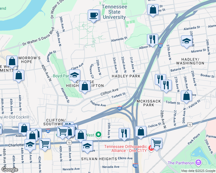 map of restaurants, bars, coffee shops, grocery stores, and more near 3601 Batavia Street in Nashville
