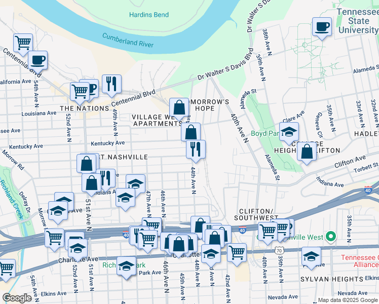 map of restaurants, bars, coffee shops, grocery stores, and more near 920 44th Avenue in Nashville