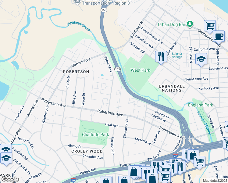 map of restaurants, bars, coffee shops, grocery stores, and more near 632 Vernon Avenue in Nashville