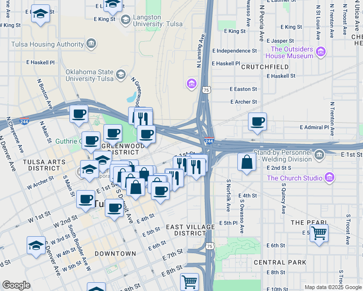 map of restaurants, bars, coffee shops, grocery stores, and more near 823 East 1st Street in Tulsa