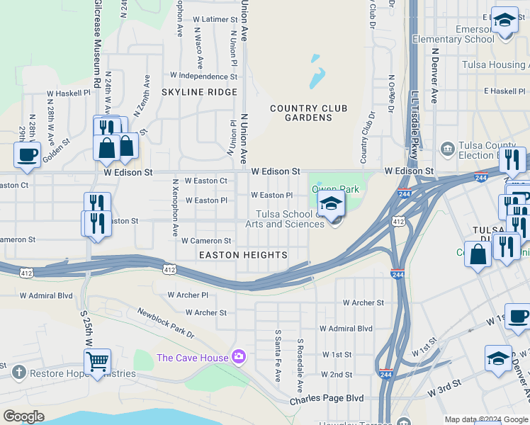 map of restaurants, bars, coffee shops, grocery stores, and more near 503 North Santa Fe Avenue in Tulsa
