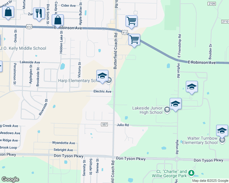 map of restaurants, bars, coffee shops, grocery stores, and more near Butterfield Coach Road in Springdale