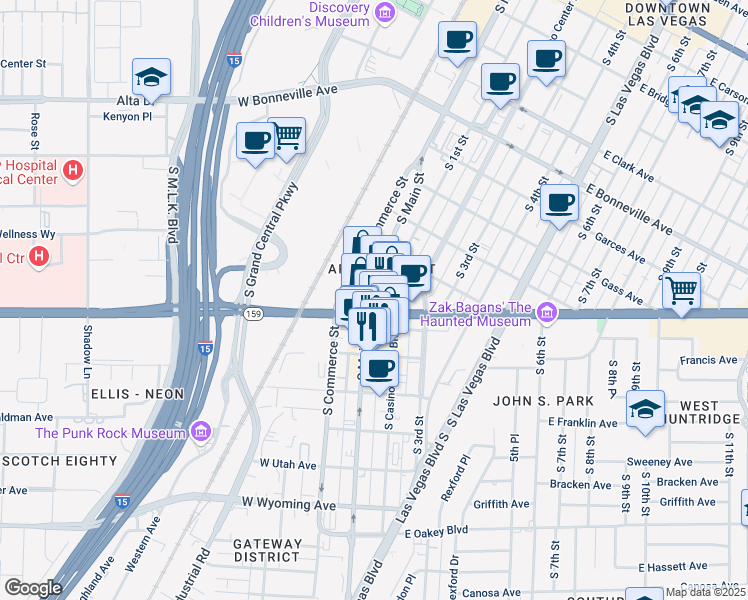 map of restaurants, bars, coffee shops, grocery stores, and more near 1 East Charleston Boulevard in Las Vegas