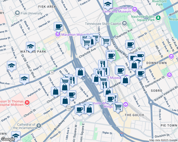 map of restaurants, bars, coffee shops, grocery stores, and more near 1214 Church Street in Nashville