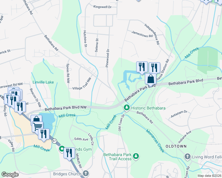 map of restaurants, bars, coffee shops, grocery stores, and more near Bethabara Road in Winston-Salem
