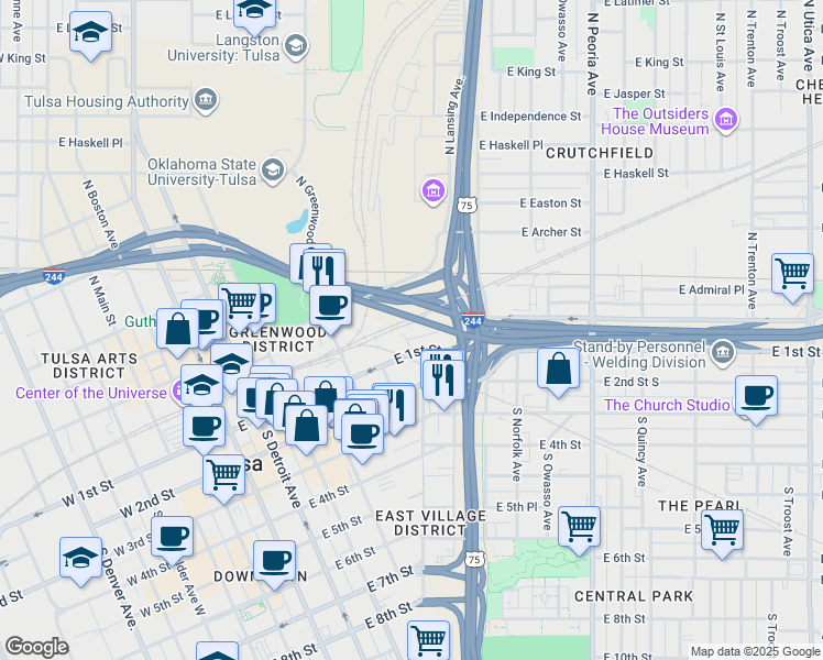 map of restaurants, bars, coffee shops, grocery stores, and more near 731 East Admiral Boulevard in Tulsa