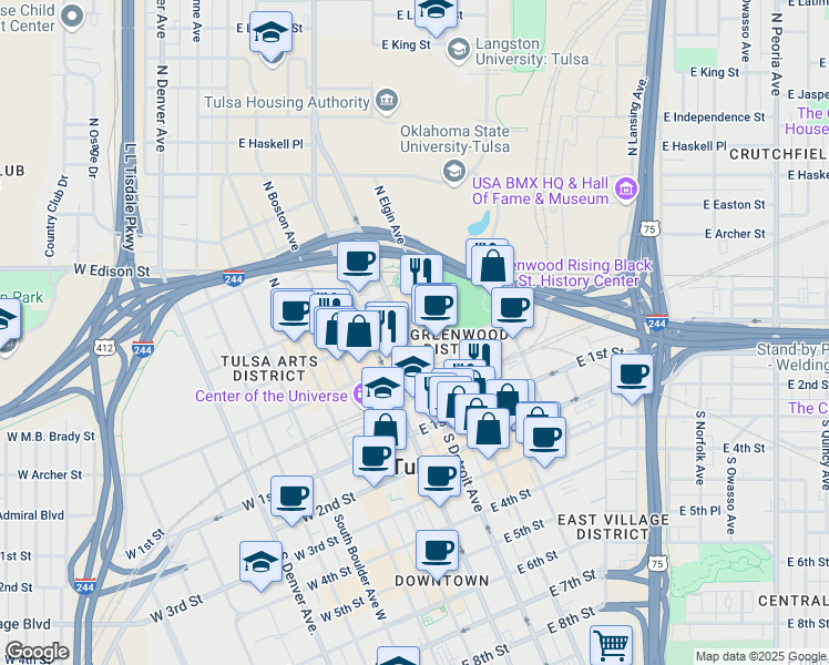 map of restaurants, bars, coffee shops, grocery stores, and more near 109 North Detroit Avenue in Tulsa