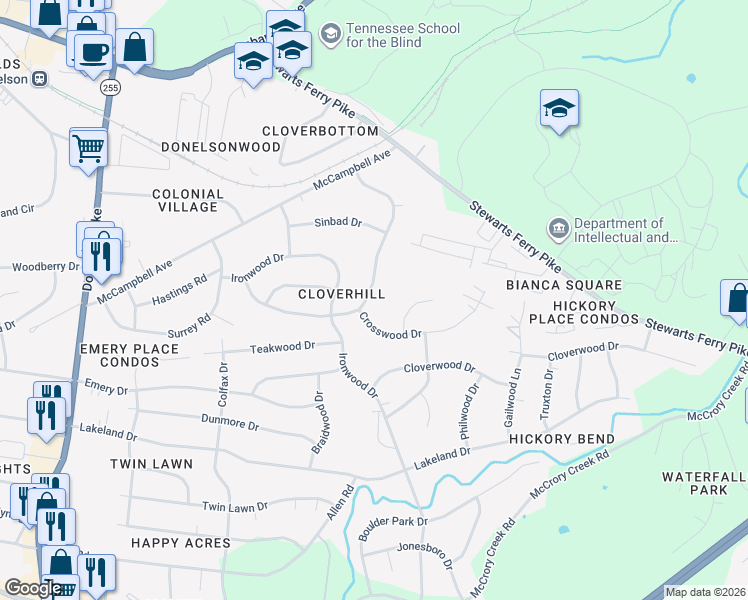 map of restaurants, bars, coffee shops, grocery stores, and more near 519 Cottonwood Drive in Nashville