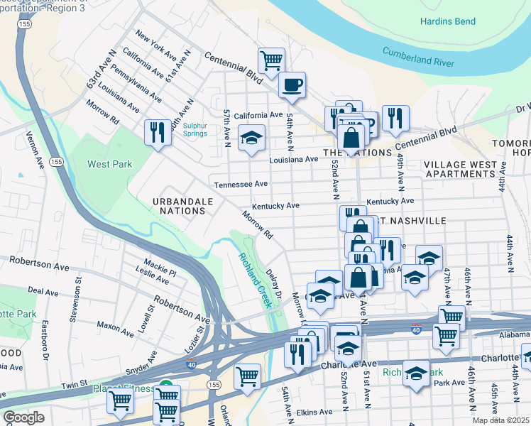 map of restaurants, bars, coffee shops, grocery stores, and more near 5502 Michigan Avenue in Nashville