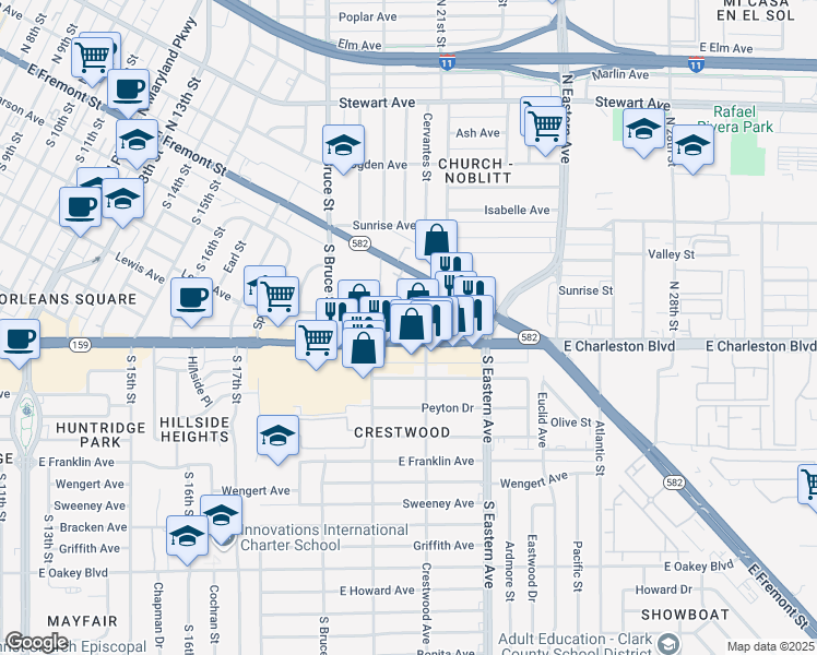 map of restaurants, bars, coffee shops, grocery stores, and more near 1961 East Charleston Boulevard in Las Vegas