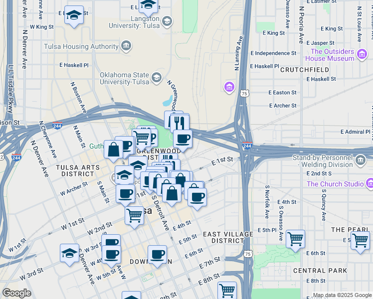 map of restaurants, bars, coffee shops, grocery stores, and more near 10 North Greenwood Avenue in Tulsa