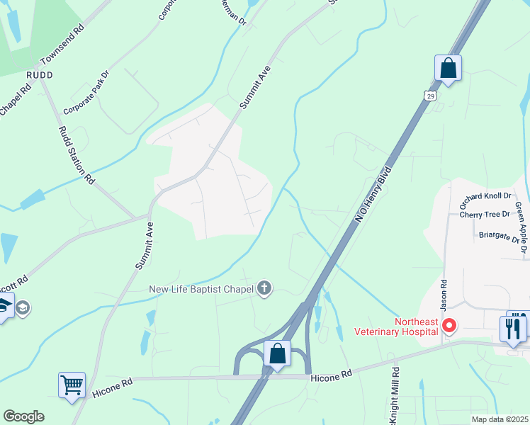 map of restaurants, bars, coffee shops, grocery stores, and more near Powell Court in Greensboro