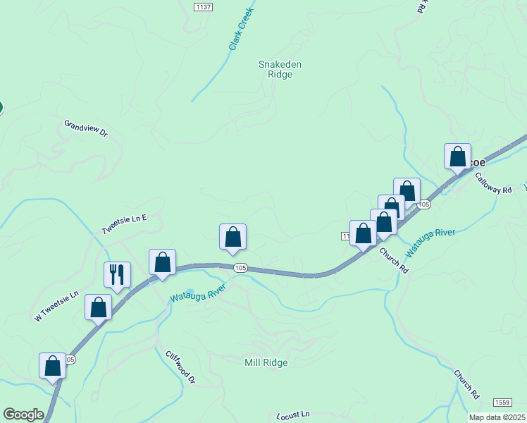 map of restaurants, bars, coffee shops, grocery stores, and more near 127 Grandfather View Street in Banner Elk