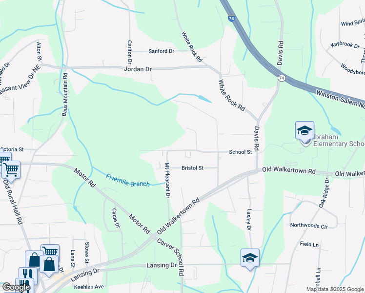 map of restaurants, bars, coffee shops, grocery stores, and more near 2126 School Street in Winston-Salem